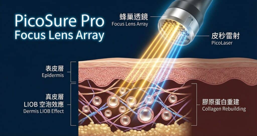 📸 蜂巢透鏡將能量集中成高能量微光斑,誘發 LIOB 空泡效應以刺激真皮重建。