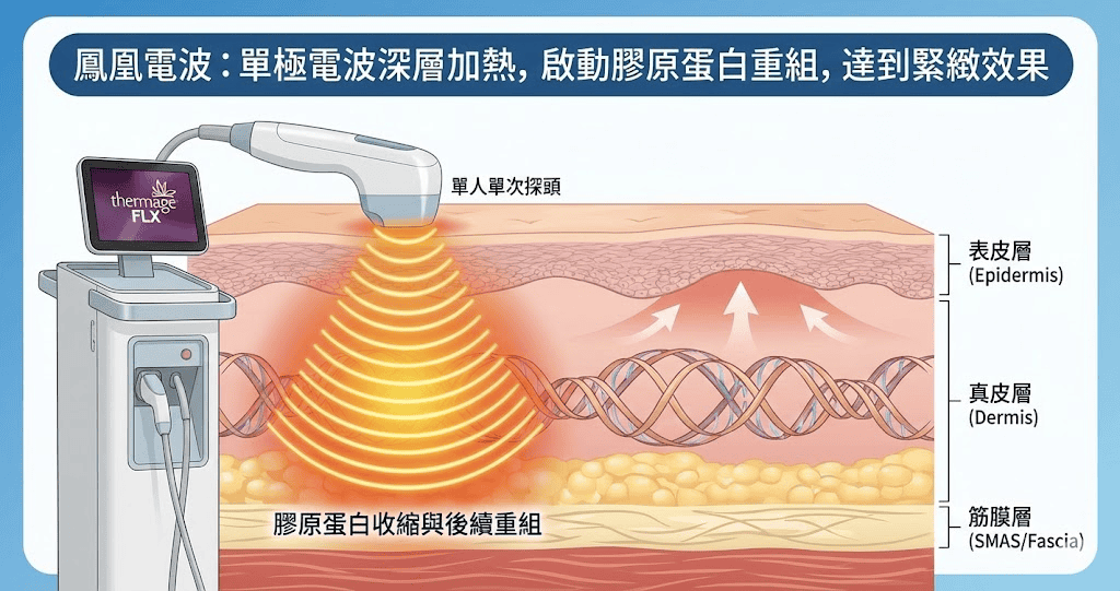 鳳凰電波透過單極電波加熱深層組織，啟動膠原蛋白重組，達到緊緻效果