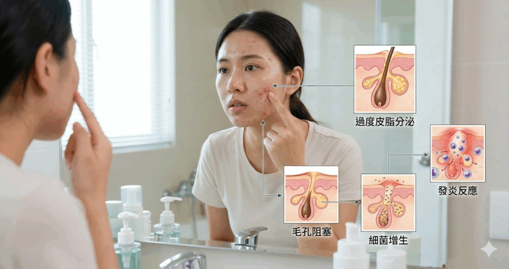 青春痘形成與皮脂分泌、毛孔阻塞、細菌增生與發炎反應有關。