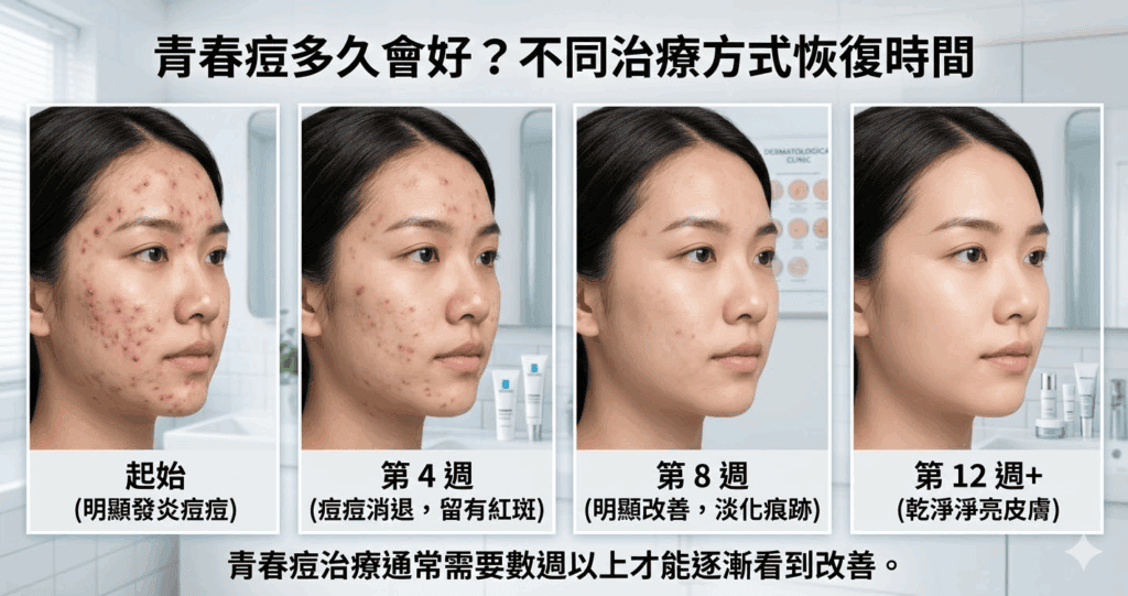 青春痘治療通常需要數週以上才能逐漸看到改善。