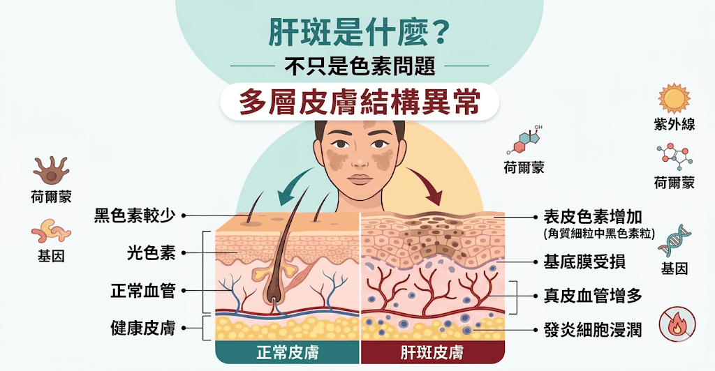 肝斑不是單一色素問題，而是多層皮膚結構異常